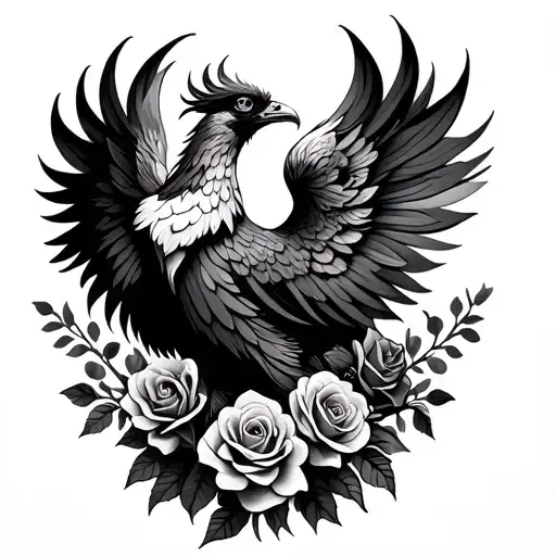 simple phoenix bird with roses at bottom  tattoo design idea