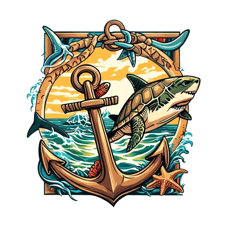 anchor with turtle and shark and starfish floating tattoo design idea