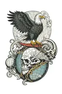 eagle on top of a globe made from a skull with an anchor hanging underneath tattoo design idea