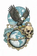 eagle on top of a globe made from a skull with an anchor hanging underneath tattoo design idea