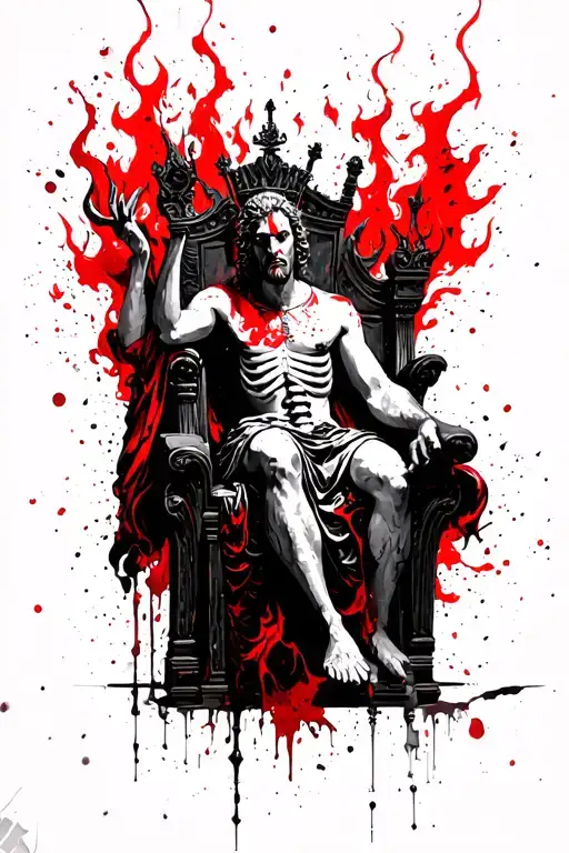Collarbone the king of the greek underworld hades, sitting on his throne, there are fires around the aquagreen color an tattoo design idea