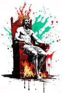 Collarbone the king of the greek underworld hades, sitting on his throne, there are fires around the aquagreen color an tattoo design idea