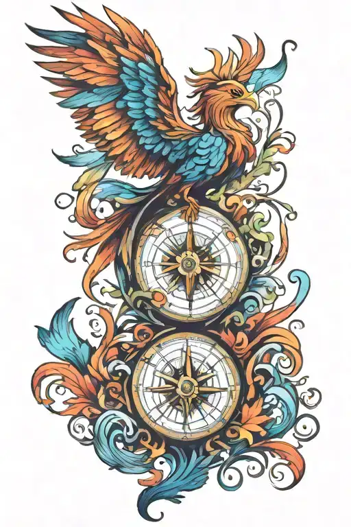 colorful Phoenix compass design tattoo design idea