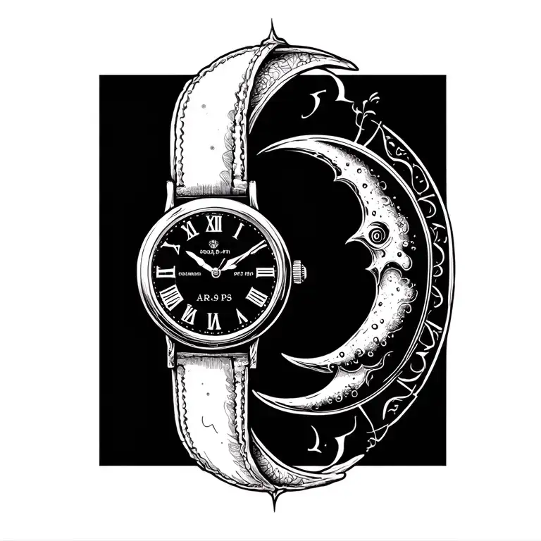 Black ink tattoo design featuring a crescent moon, a vintage watch showing the time 4:39 PM, and the Aries zodiac symbol tattoo design idea