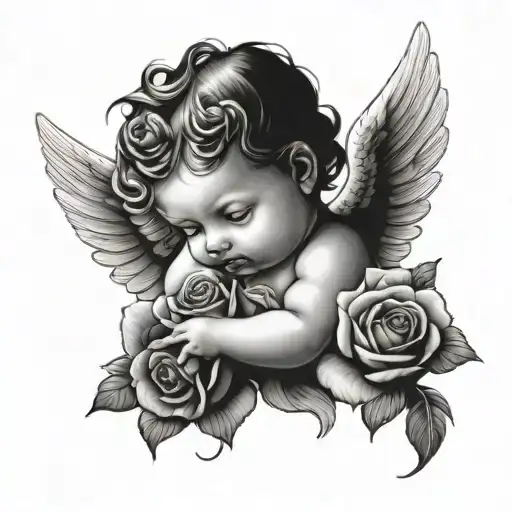 baby angel holding rose intertwined tattoo design idea