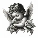 baby angel holding rose intertwined tattoo design idea
