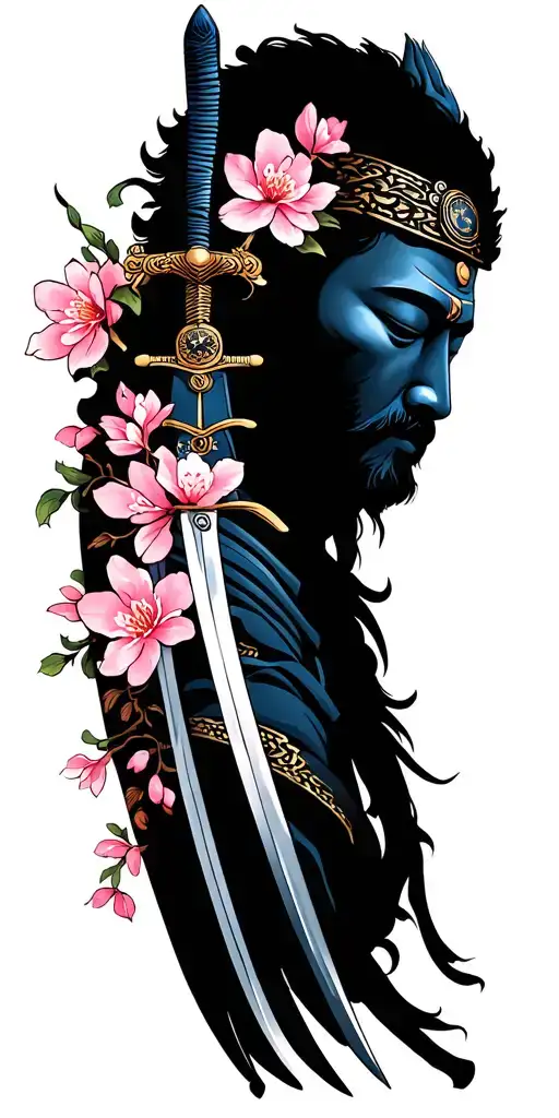 Buddhism samurai swords cherry blossom shiva rudaraksh malla Greek weapon, graves full arm sleeve and compass, & element tattoo design idea