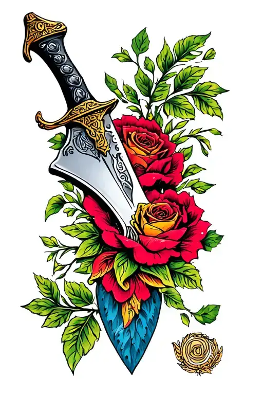 vibrant traditional stiletto knife surrounded by traditional design tattoo design idea