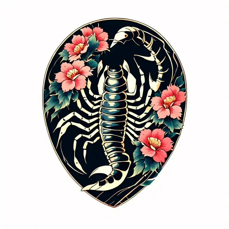 tribal scorpion with flowers blooming tattoo design idea