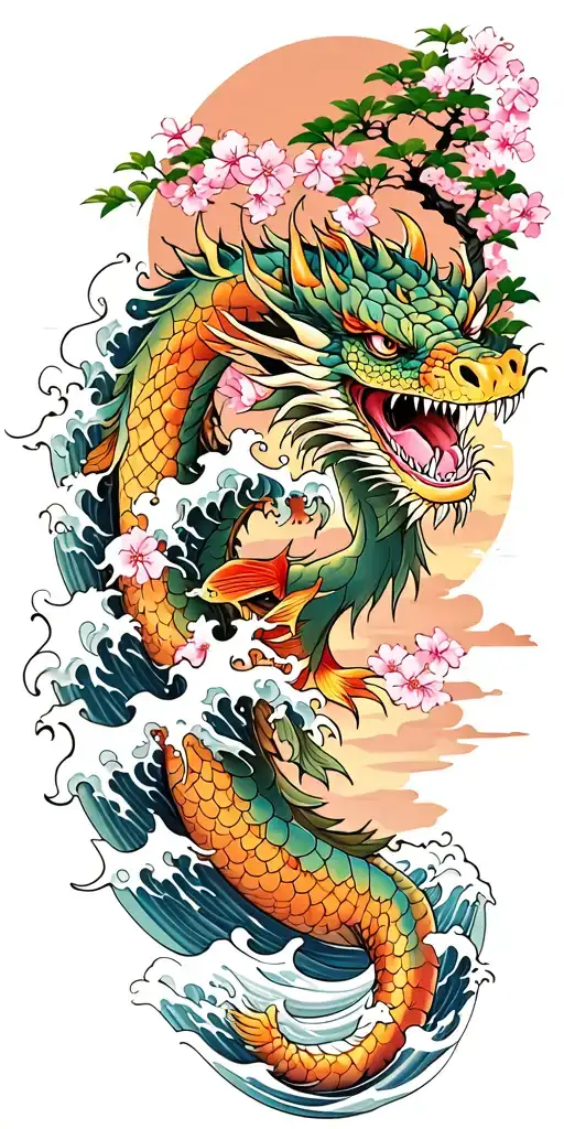 A fierce dragon emerging from the ocean waves with cherry blossom trees in the background. Add koi fish tattoo design idea