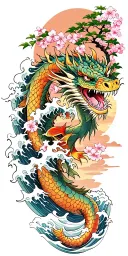 A fierce dragon emerging from the ocean waves with cherry blossom trees in the background. Add koi fish tattoo design idea