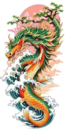A fierce dragon emerging from the ocean waves with cherry blossom trees in the background. Add koi fish tattoo design idea