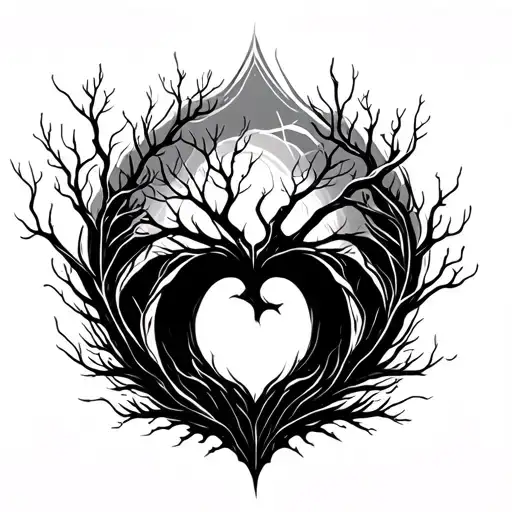 A black and white tattoo design symbolizing transformation and harmony. The composition starts with dry, leafless trees  tattoo design idea