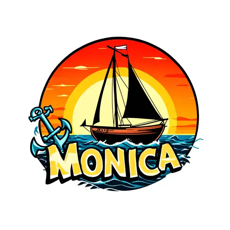 "Monica" single sail sailboat with vibrant sunset background and anchor outside of circle tattoo design idea