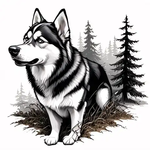 dog, husky, trees growing tattoo design idea