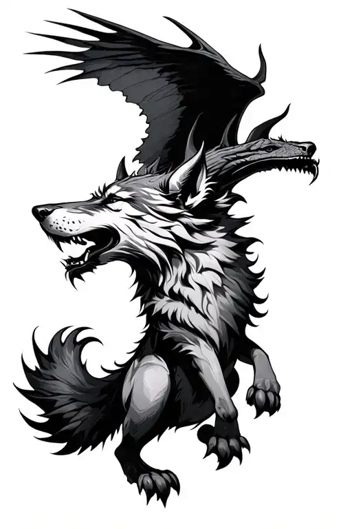 fenrir wolf with wyvern flying tattoo design idea