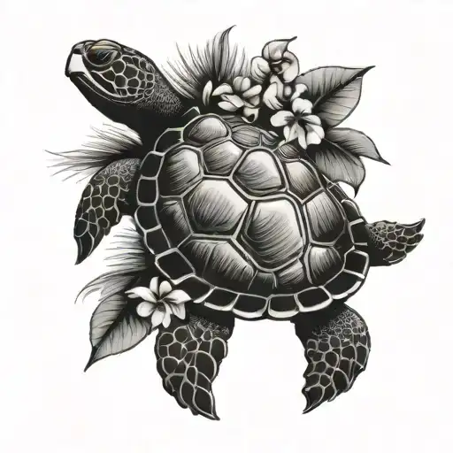 Hawaiian turtle with hibiscus on it's shell. Whimsical essence around it. palmtrees  tattoo design idea