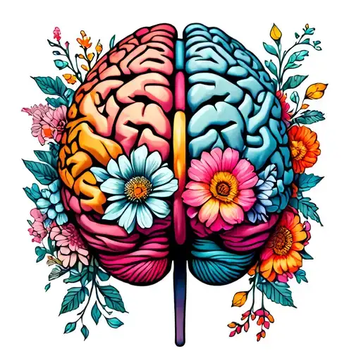 line drawing of a brain with many floral elements can even be made of flowers I want just a brain no face tattoo design idea
