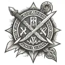 Viking runes brotherhood , axes crossed swords and XLV written in centre of symbol tattoo design idea