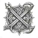 Viking runes brotherhood , axes crossed swords and XLV written in centre of symbol tattoo design idea