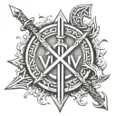 Viking runes brotherhood , axes crossed swords and XLV written in centre of symbol tattoo design idea
