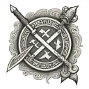 Viking runes brotherhood , axes crossed swords and XLV written in centre of symbol tattoo design idea