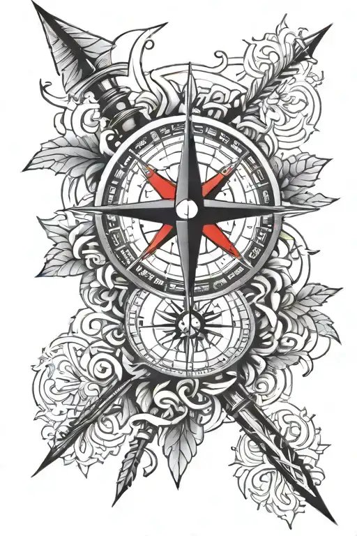 Mens tattoo on the forearm incorporating a compass and arrow with the nordic compass symbol with some red. pure life tattoo design idea