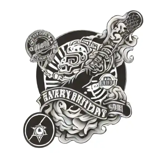 Black and white mens full arm sleeve tattoo with “every day is a birthday” written surrounded by images regarding hockey tattoo design idea