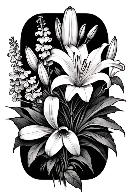 Lily of the valleys and lilacs in a bundle but half the flowers are dead and half of them are alive tattoo design idea
