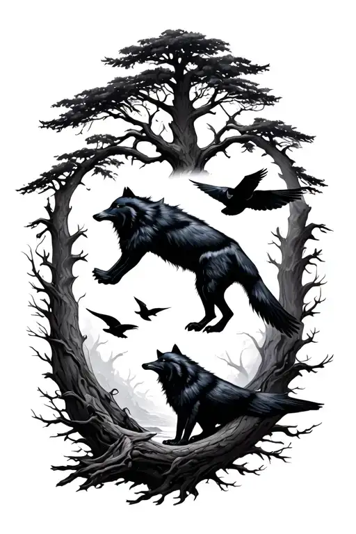 trees wolves crows flying tattoo design idea