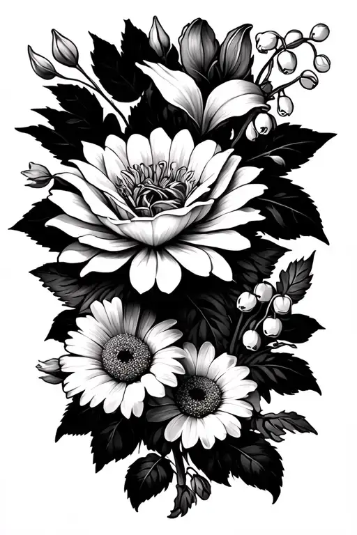 Tattoo made of black lines  using a rose, daisy, lily of the valley and a chrysanthemum in a bunch. Include all these fl tattoo design idea