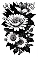 Tattoo made of black lines  using a rose, daisy, lily of the valley and a chrysanthemum in a bunch. Include all these fl tattoo design idea