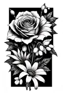Tattoo made of black lines  using a rose, daisy, lily of the valley and a chrysanthemum in a bunch. Include all these fl tattoo design idea