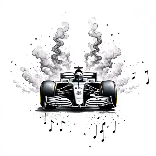 Design a tattoo of a Formula 1 car with music notes forming the smoke from the tires tattoo design idea