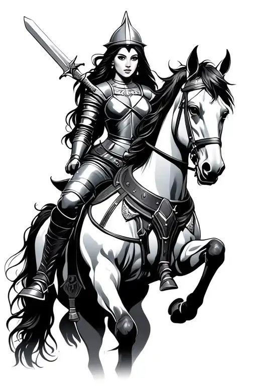 woman knight on a horse with sword tattoo design idea