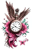 Pink tattoo with a pocket watch 10:53 a.m. on 04/12/2025 and a Greek goddess and freedom tattoo design idea