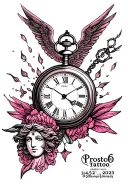 Pink tattoo with a pocket watch 10:53 a.m. on 04/12/2025 and a Greek goddess and freedom tattoo design idea