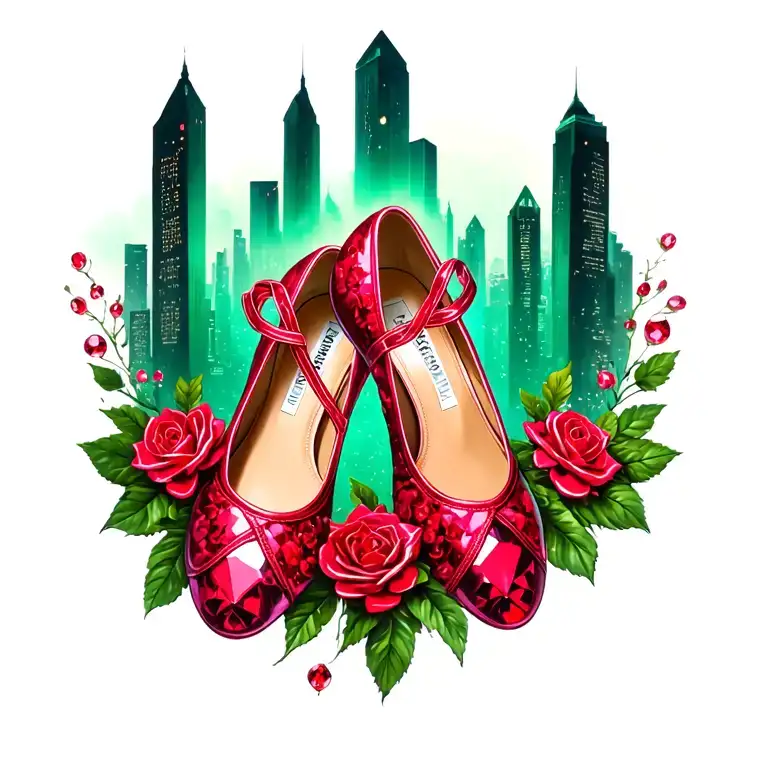 two ruby ballet slippers with emerald city in the background tattoo design idea