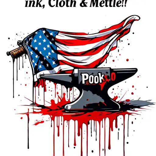 flag draped over an anvil with "ink, Cloth & Mettle!" at image top with dripping ink running off words and tattoo gun tattoo design idea