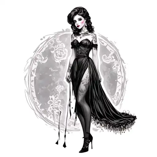 Goth Pin Up Girl stand up with a long dress tattoo design idea