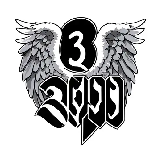 number 3,090 with angel wings tattoo design idea