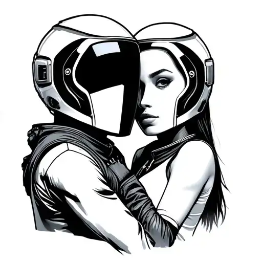 "Daft Punk tattoo-style line art. A male and a female figure in Daft Punk helmets hugging. NO visible hair on the woman. tattoo design idea