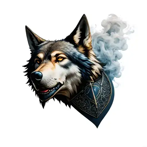 Templar knight under a wolf head with smoke effects tattoo design idea
