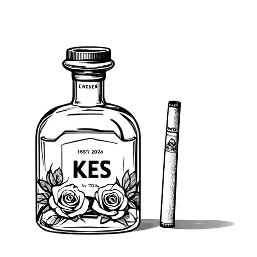 whiskey bottle and cigarettes with roses and the initials KES in the bottle and date 1967-2024 tattoo design idea