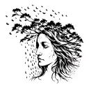  Hippie woman trees on fire during a rain storm leaves blowing  tattoo black and white tattoo design idea