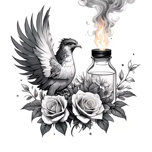 File with a feather in it that ignites the smoke comes out of the vial and a phoenix to be created, roses of lily flowers tattoo design idea