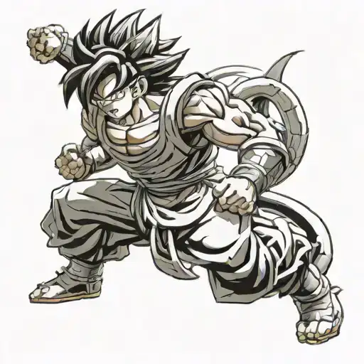 Goku (Dragon Ball): Portray Goku in a dynamic pose, wearing a samurai armor version of his classic orange gi. He could b tattoo design idea