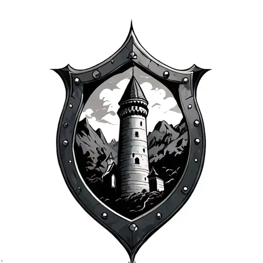 round shield with tower inside it  tattoo design idea