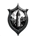 round shield with tower inside it  tattoo design idea
