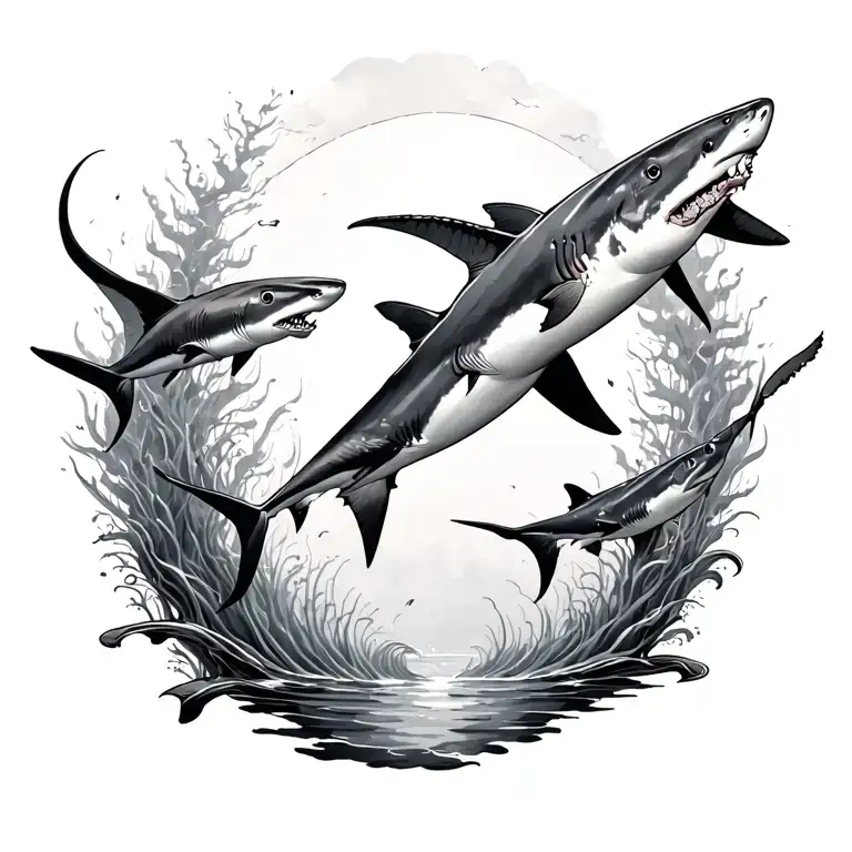 spine tatto with sharks and manta rays swimming up back small fine line tattoo design idea
